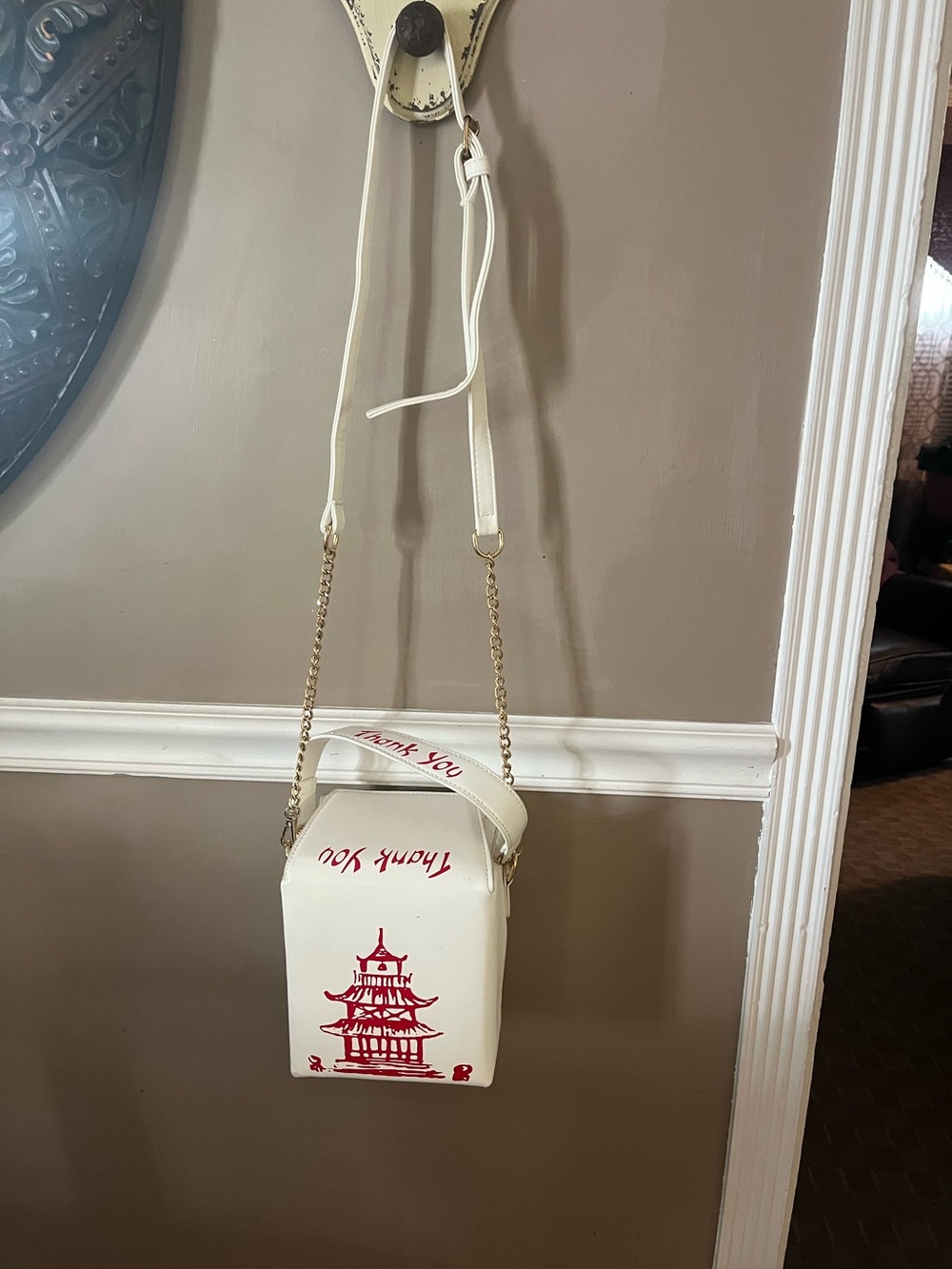White Novelty Takeout Crossbody Bag with Red Pagoda Print